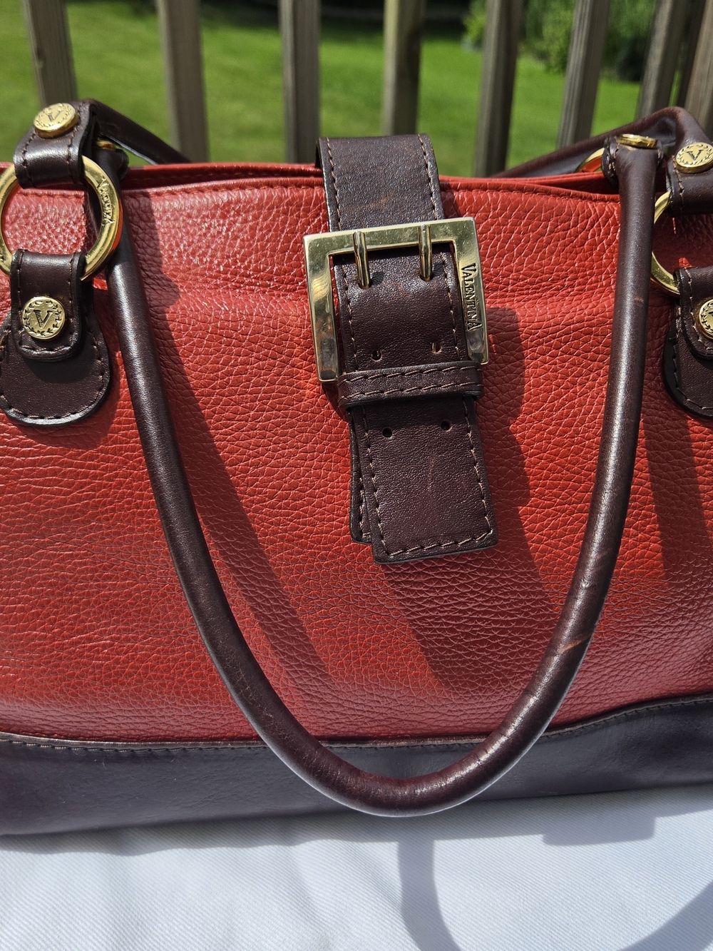 Leather Valentina Satchel Handbag in Red and Brown